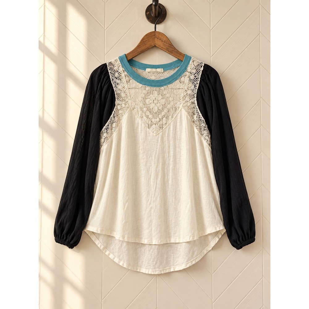 We The Free Free People Crochet Lace Mixed Media Balloon Sleeve Top XS
